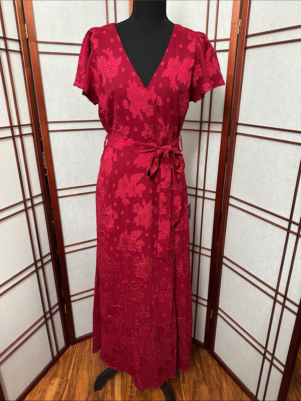 Lulu's Crimson Floral Wrap Maxi Dress